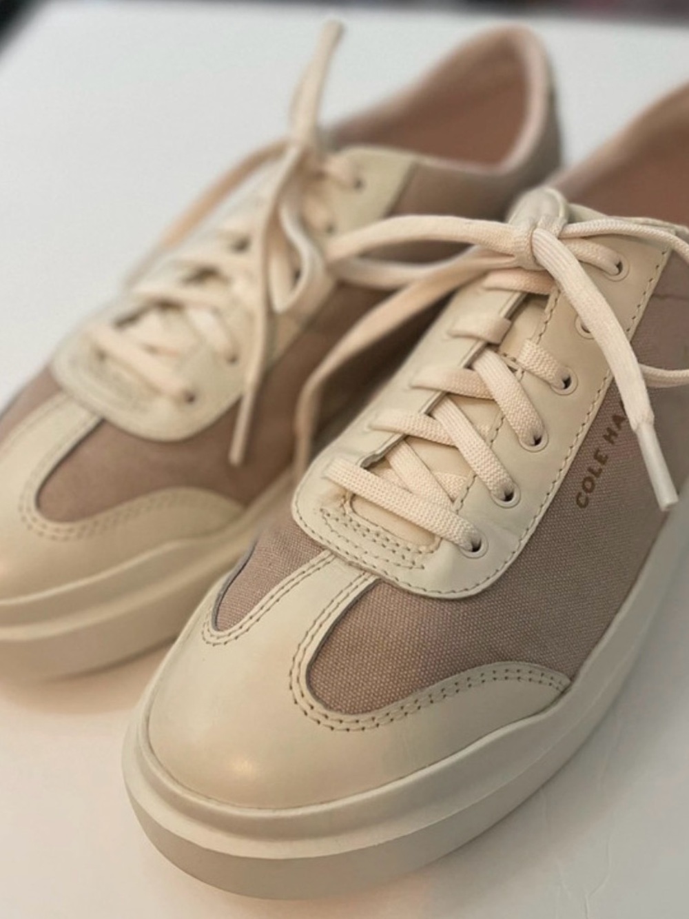 Cole Haan Cream and Taupe Leather-Trim Low-Top Sneakers